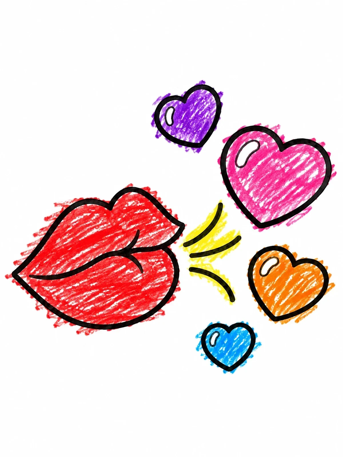 Colored example of the Lips Blowing Sweet Floating Hearts coloring page