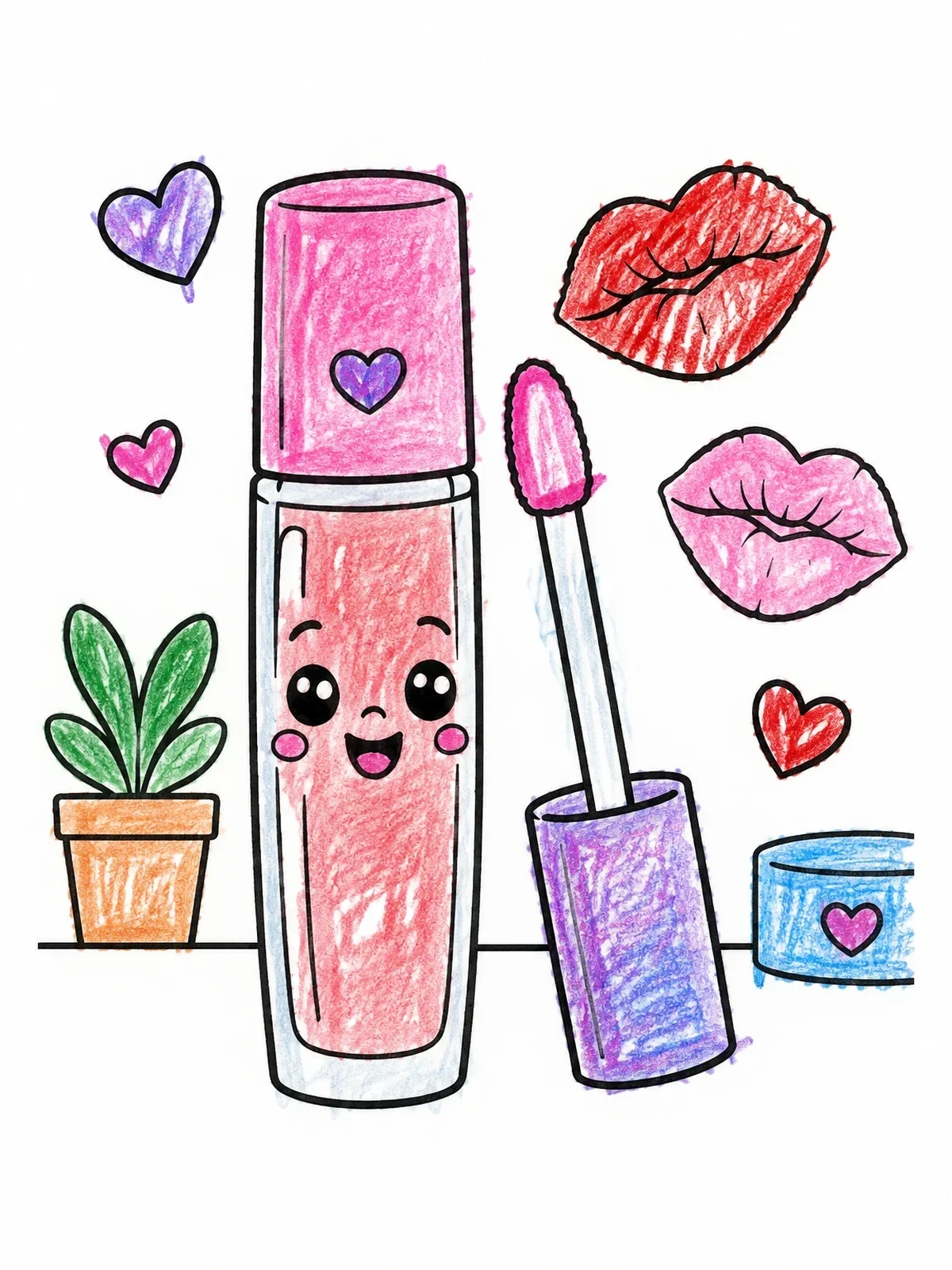 Colored example of the Cute Lip Gloss And Kiss Marks coloring page