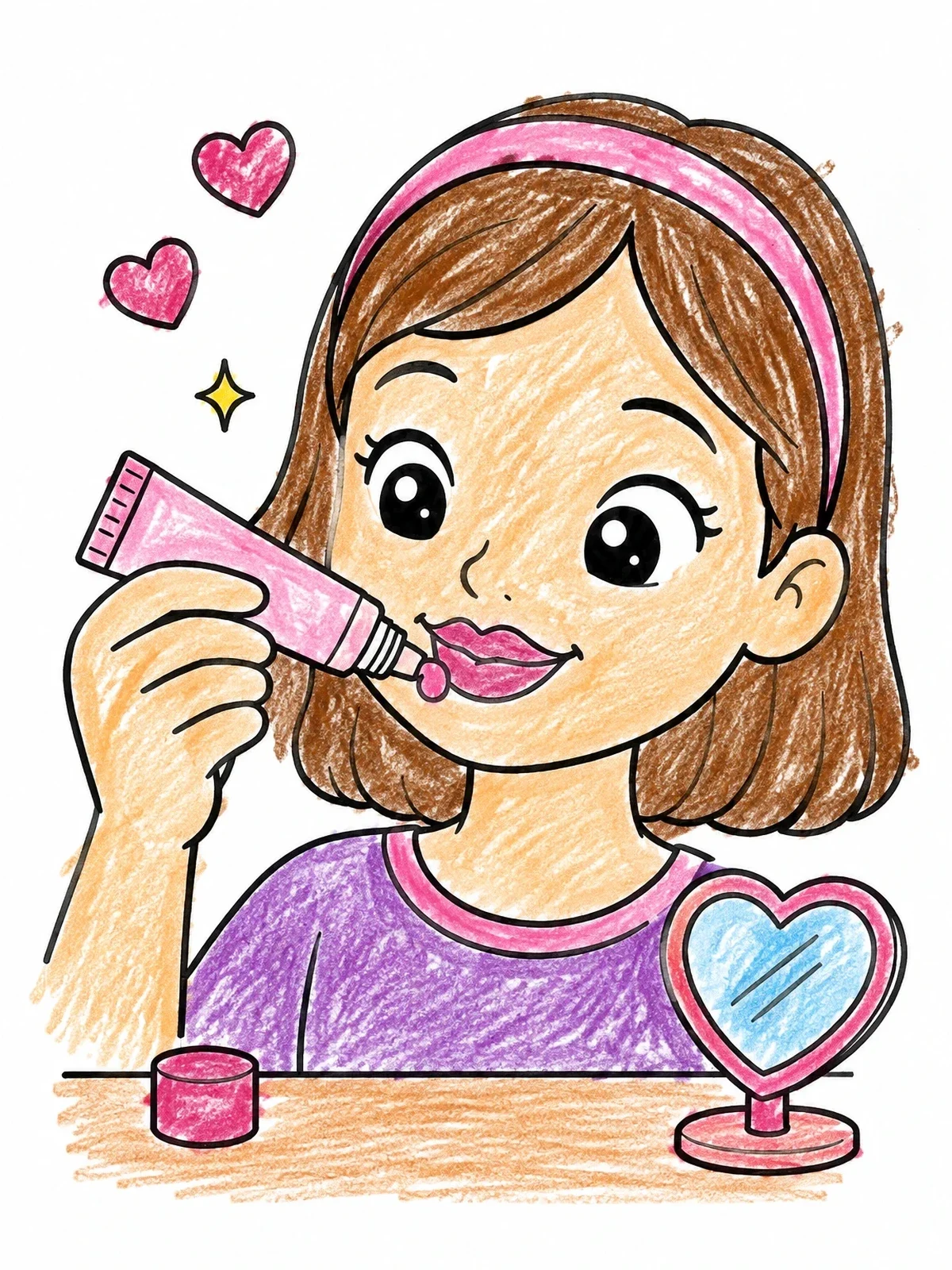 Colored example of the Girl Applying Sweet Lip Balm coloring page