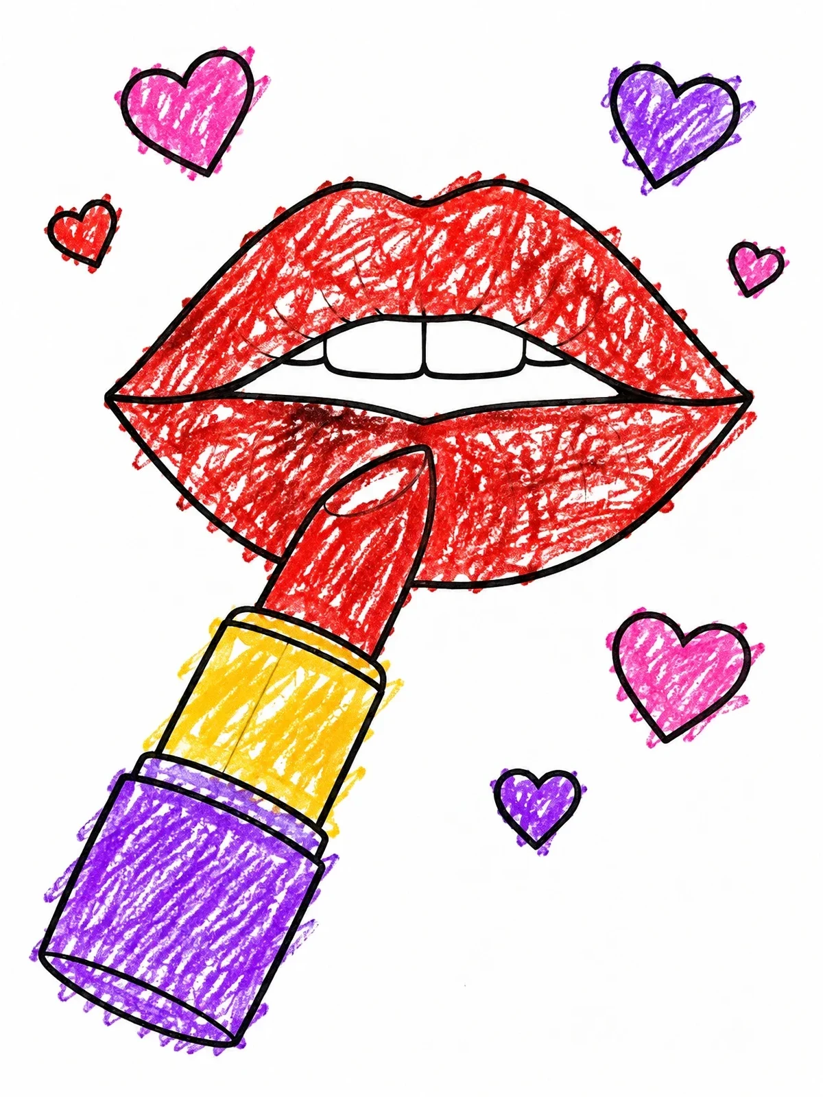 Colored example of the Lipstick And Lips With Hearts coloring page