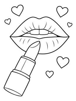A tube of lipstick applying color on a lips coloring page with hearts.