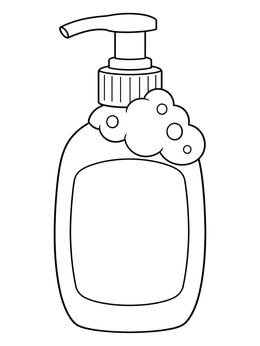 A simple soap coloring page featuring a pump bottle with foamy bubbles.