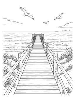 A wooden pier extends toward the sea on this lithuania coloring page.