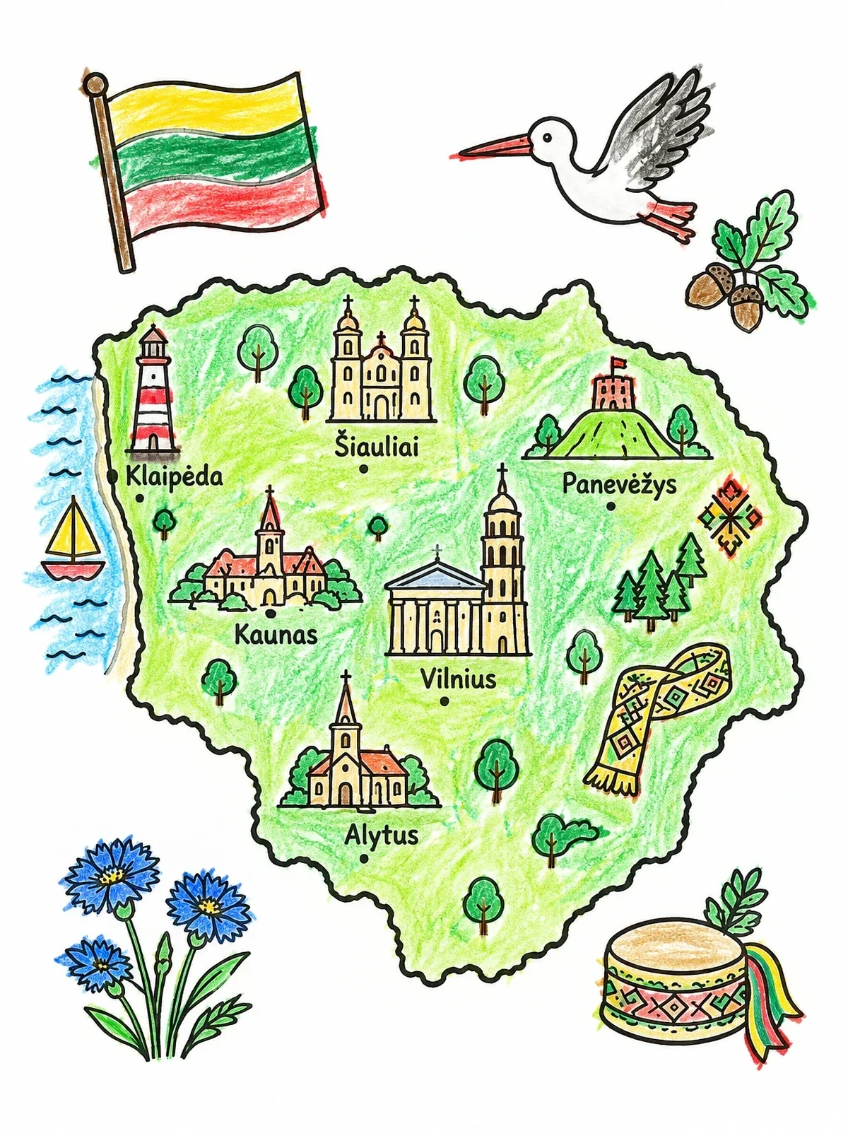 Colored example of the Illustrated Map Of Lithuania With Landmarks coloring page