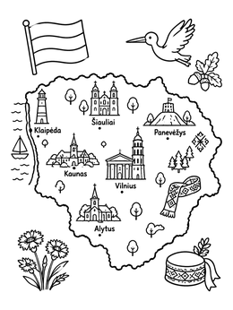 Free printable Illustrated Map Of Lithuania With Landmarks coloring page
