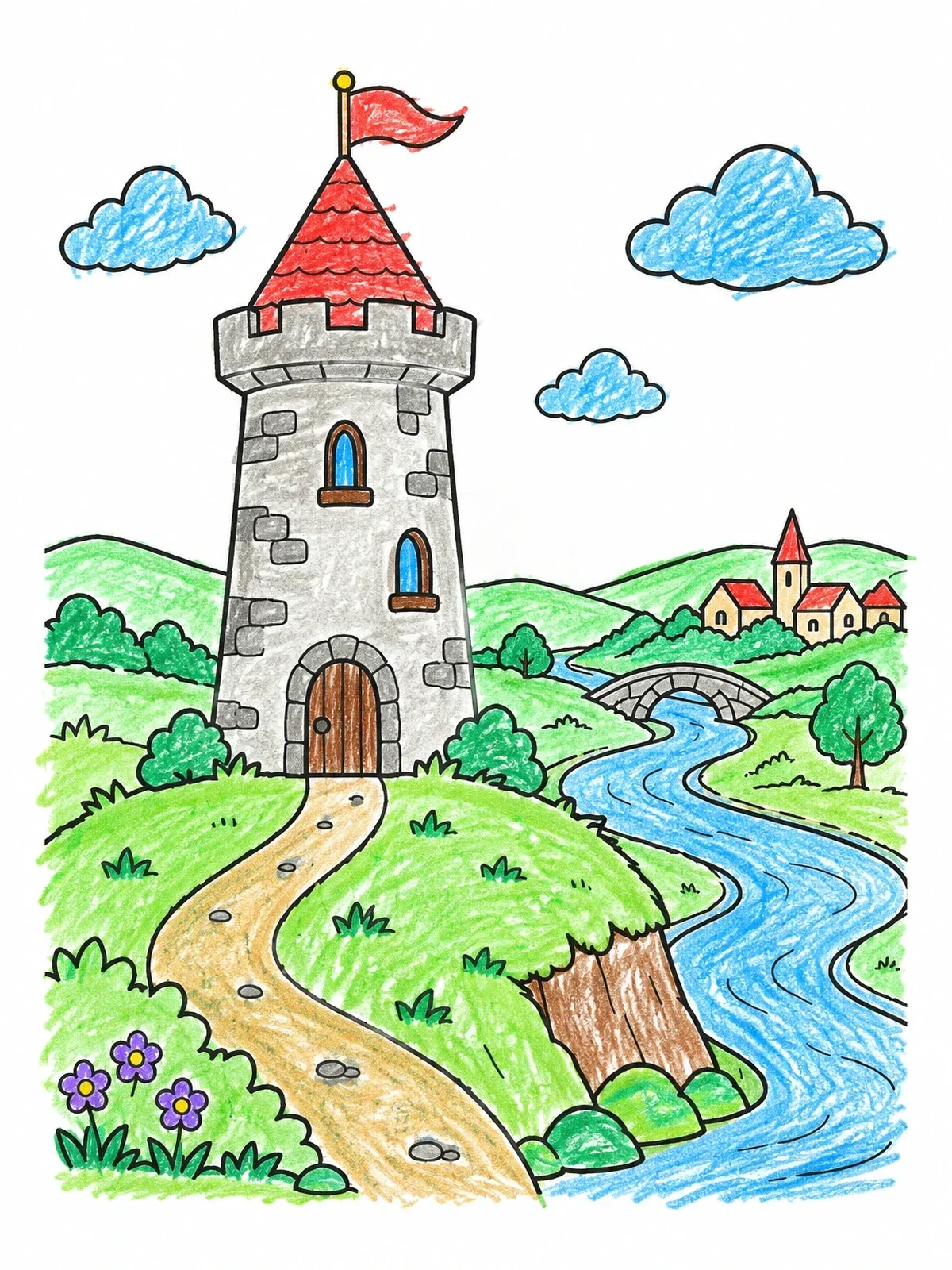 Colored example of the Medieval Castle Tower On A Hill coloring page