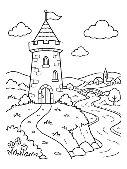 Free printable Medieval Castle Tower On A Hill coloring page