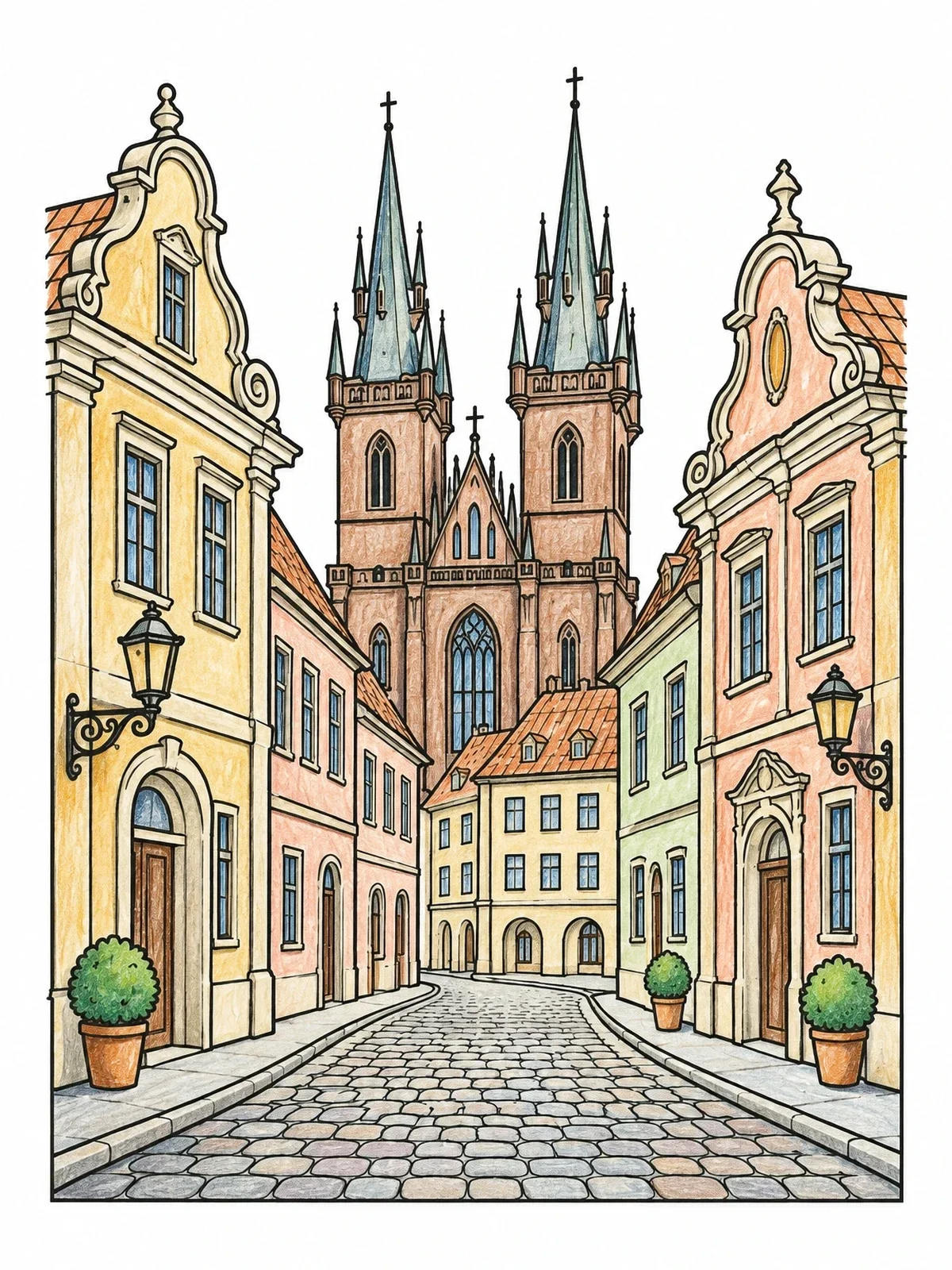 Colored example of the Vilnius Old Town Cobblestone Street coloring page