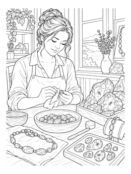 An artisan polishes Baltic gems in this detailed Lithuania coloring page.