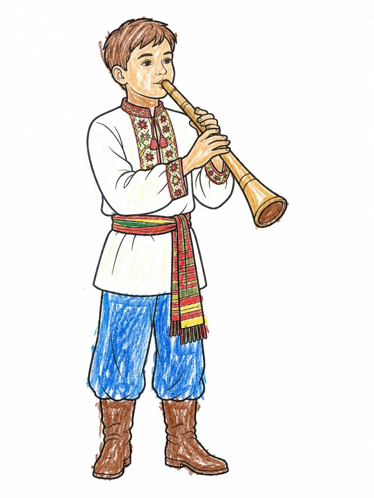 Colored example of the Boy Playing Traditional Lithuanian Horn coloring page