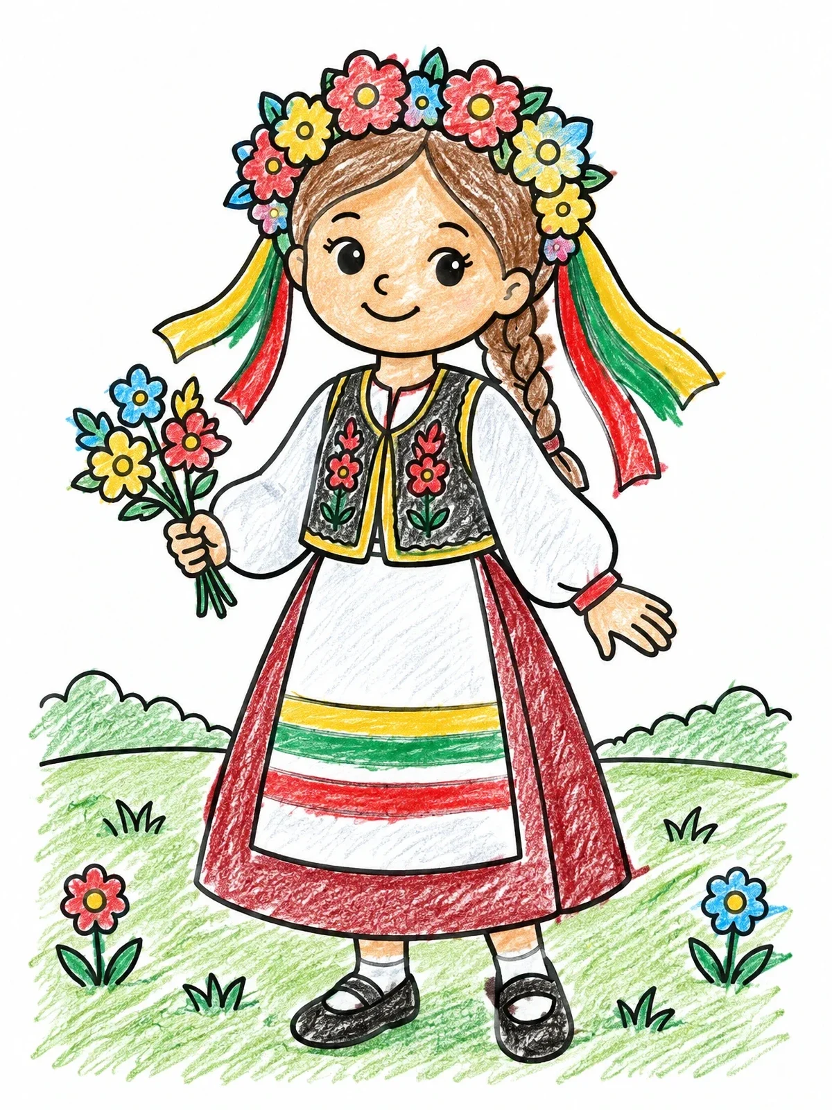 Colored example of the Lithuanian Girl In Folk Costume coloring page