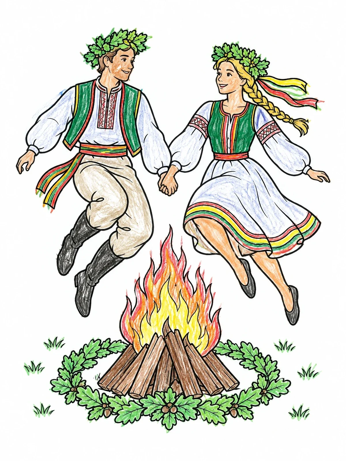 Colored example of the Lithuanian Midsummer Bonfire Dancers coloring page