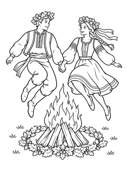 Dancers in traditional clothing jump over fire in this lithuania coloring page.