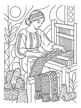 A woman weaving intricate patterned sashes on this lithuania coloring page.