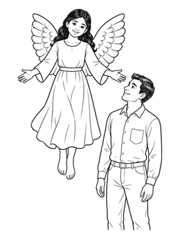 A gentle little angel coloring page with a hovering winged figure and a man looking up.