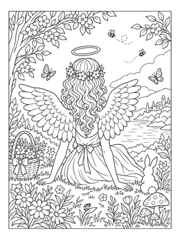 Free printable Angel Resting In A Flower Meadow coloring page