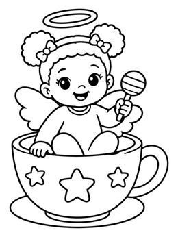 Free printable Baby Cherub In A Star Teacup coloring page