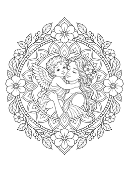 A woman holding a cherub in this serene little angel coloring page surrounded by a floral mandala.