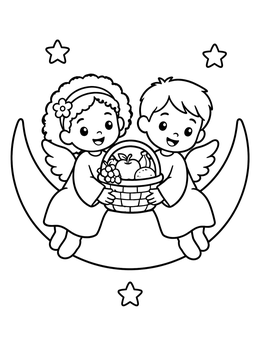 A cute little angel coloring page with two cherubs sitting on a crescent moon holding a basket of fruit.