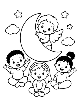 Free printable Cherub On Crescent Moon With Children coloring page