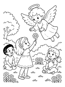 Free printable Children Giving Flower To Angel coloring page