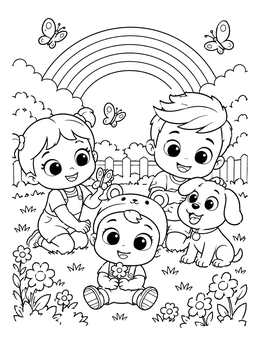 A cheerful little angel coloring page with cute kids, a puppy, butterflies, and a rainbow in the garden.