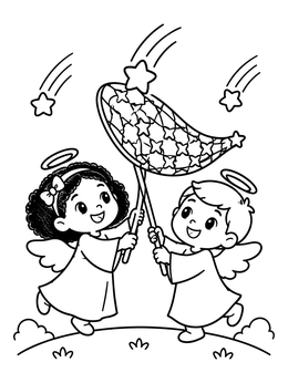 A cheerful little angel coloring page with two cherubs catching falling stars in a large net.