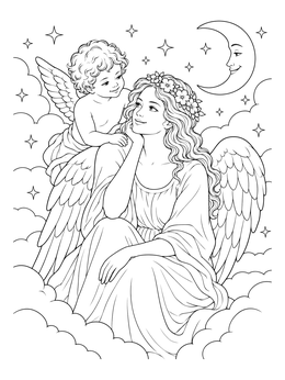 A gentle guardian with a little angel coloring page surrounded by fluffy clouds and a crescent moon.