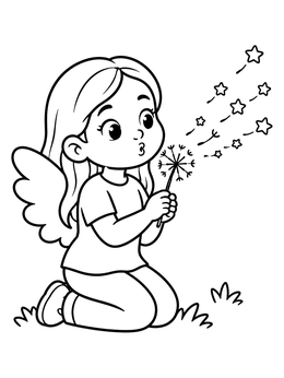Free printable Sweet Angel Blowing Dandelion Seeds coloring page