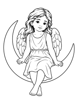 A peaceful little angel coloring page featuring a cherub resting on a crescent moon.