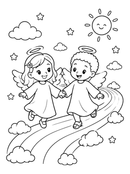 Free printable Two Cherub Angels Skipping On Rainbow coloring page