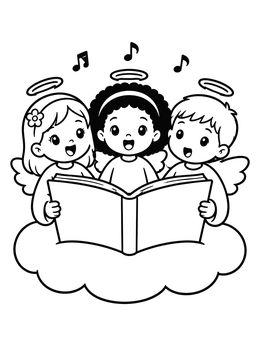 Trio of singing cherubs on a cloud in this little angel coloring page.