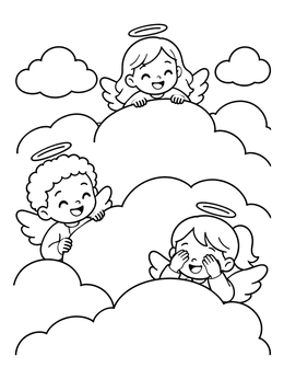 Three cherubs play hide and seek in this little angel coloring page with soft clouds.