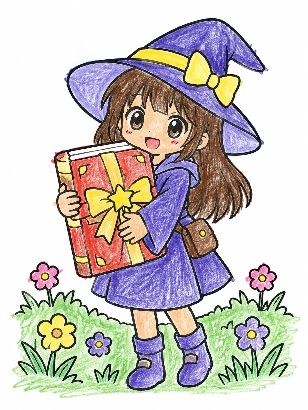 Colored example of the Little Anime Witch With Spellbook coloring page