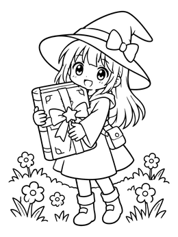 Free printable Little Anime Witch With Spellbook coloring page
