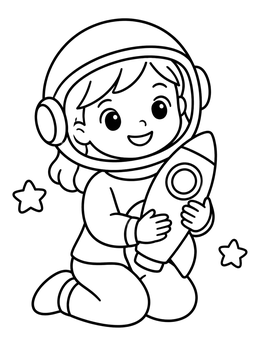Free printable Little Astronaut With Toy Rocket coloring page