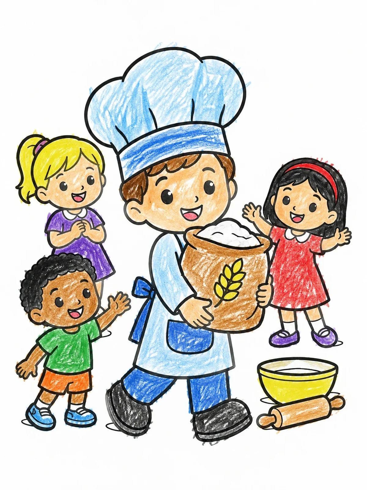 Colored example of the Little Baker Carrying A Flour Sack coloring page