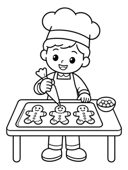 Free printable Little Baker Decorating Gingerbread Cookies coloring page