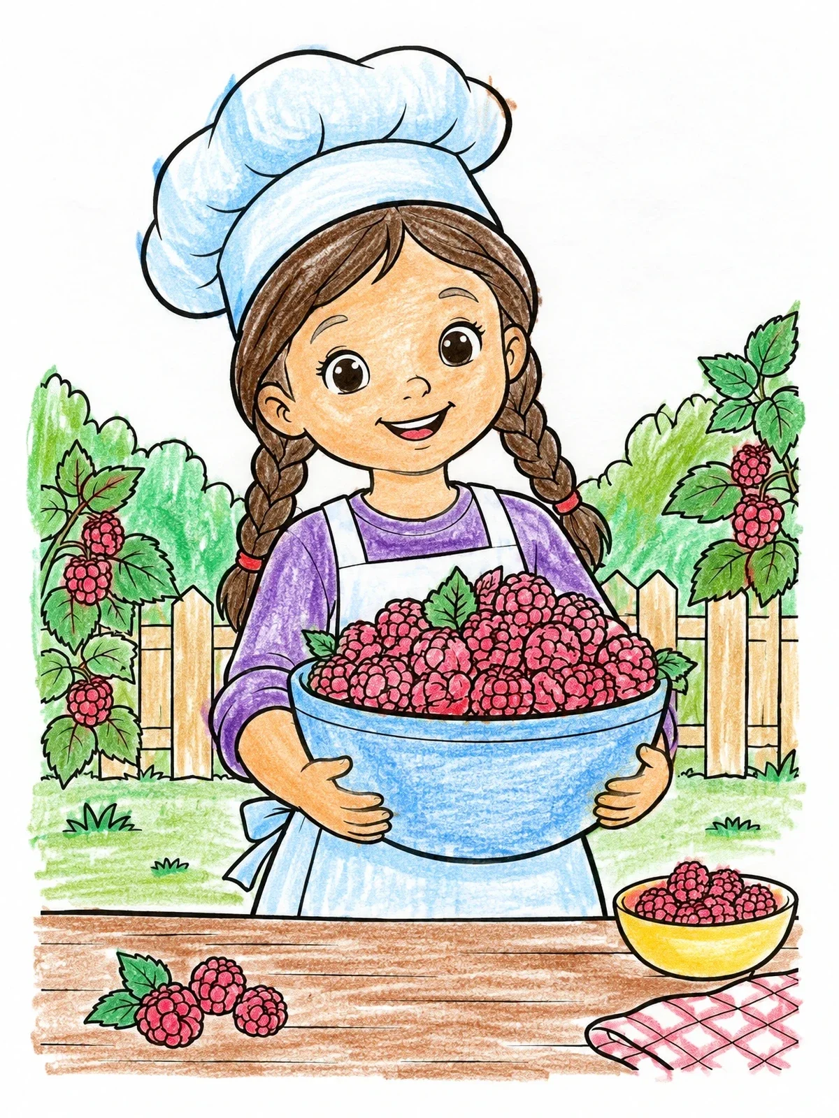 Colored example of the Little Baker With Raspberry Bowl coloring page