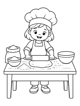 Free printable Little Baker Rolling Dough coloring page