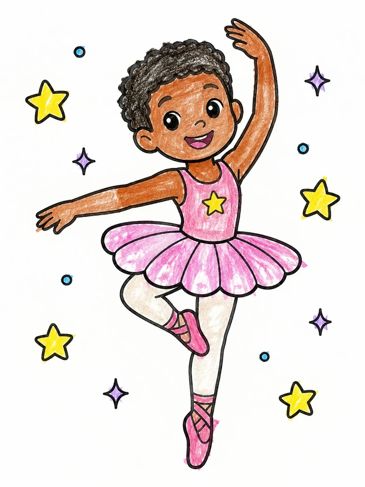 Colored example of the Little Ballerina Dancing Among Stars coloring page