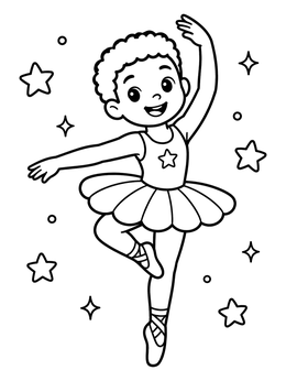 A cheerful young ballerina coloring page surrounded by sparkling stars.