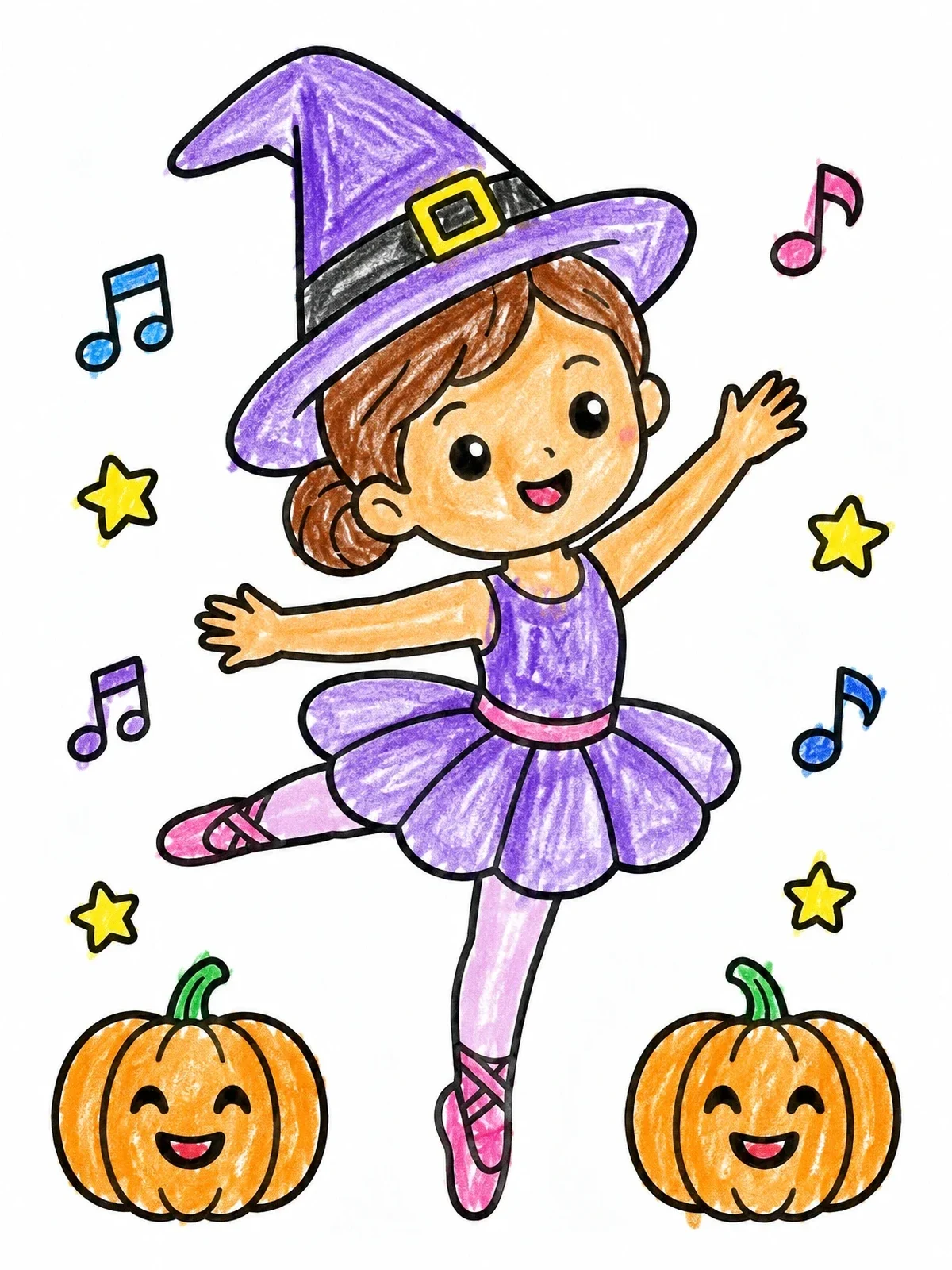 Colored example of the Little Ballerina Witch Halloween Dance coloring page