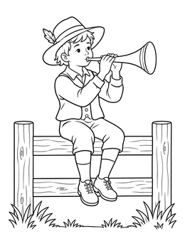 A cheerful little boy coloring page showing him sitting on a fence and blowing a horn.
