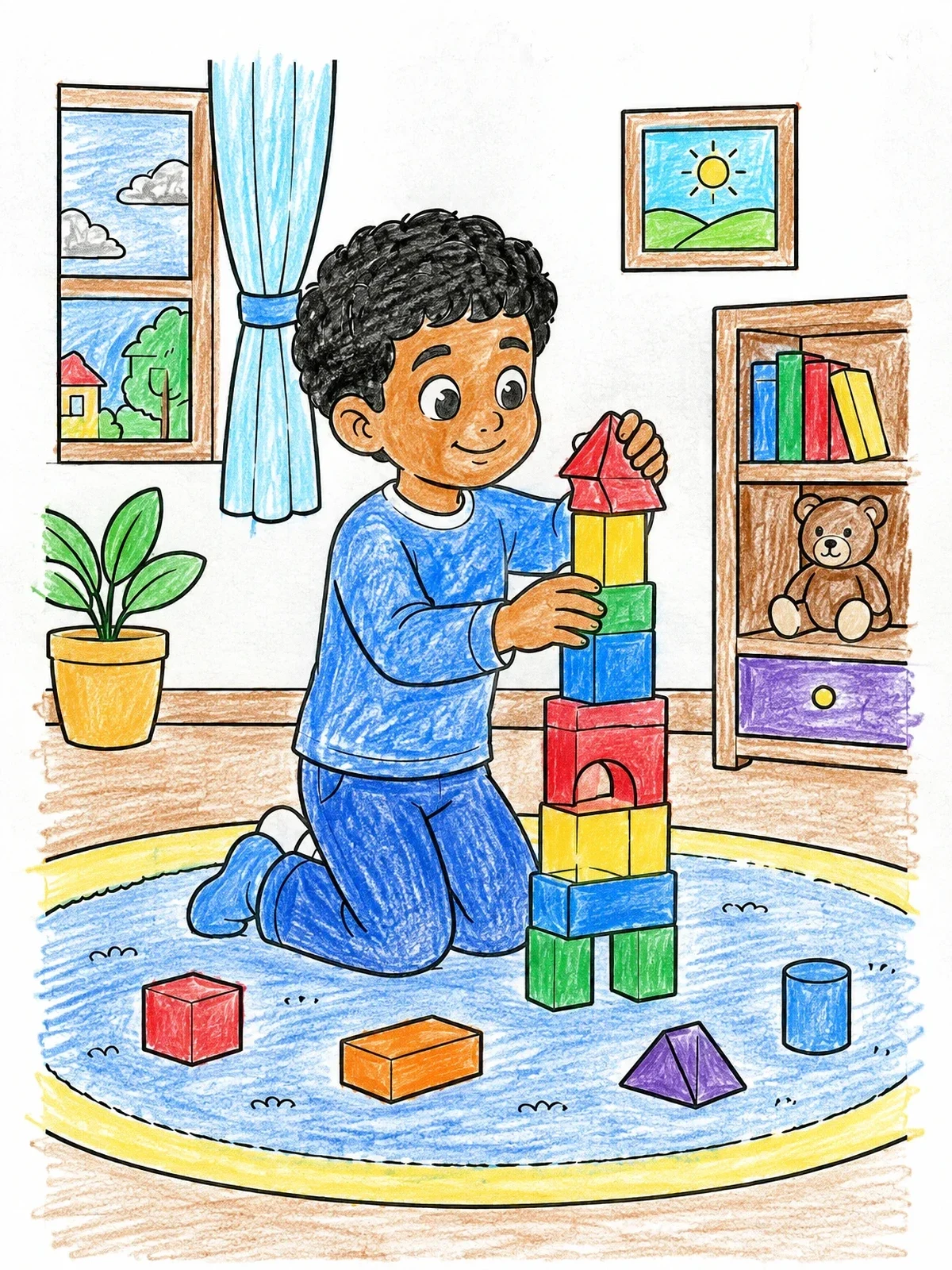 Colored example of the Boy Building A Block Tower coloring page