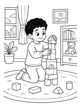 Free printable Boy Building A Block Tower coloring page