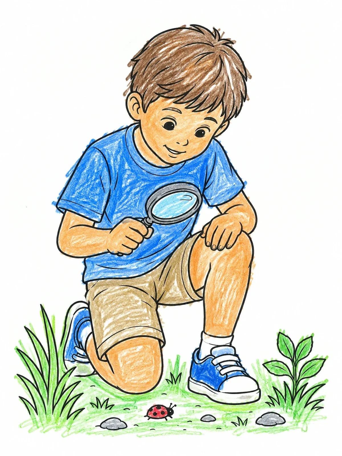 Colored example of the Boy Exploring Nature With Magnifying Glass coloring page