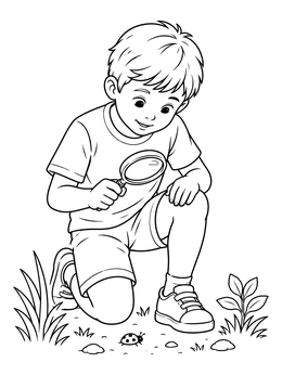 A curious little boy coloring page showing him examining a small bug with a magnifying glass.