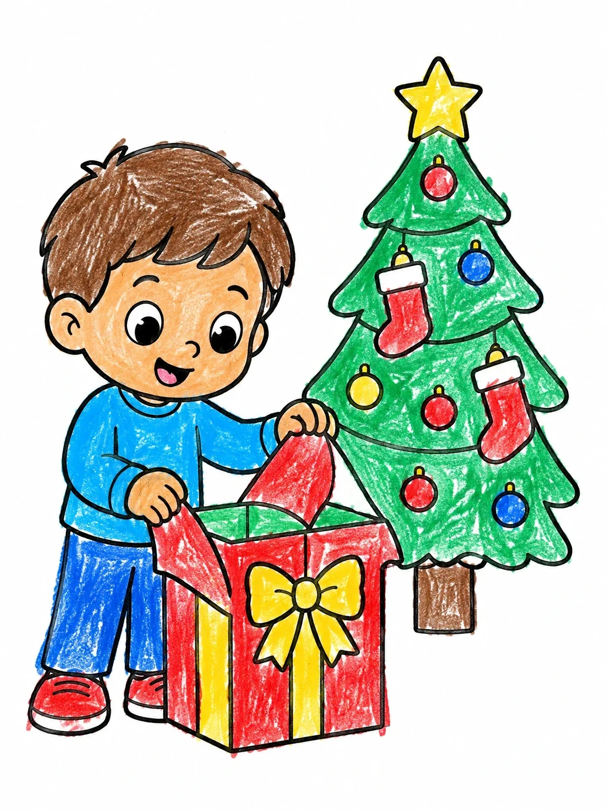 Colored example of the Boy Opening Present By Christmas Tree coloring page