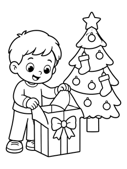 A happy little boy coloring page showing him opening a holiday present by the tree.